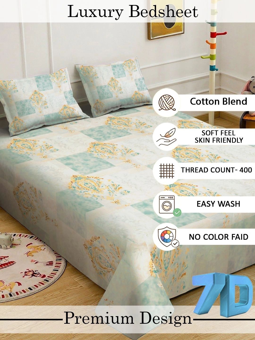 KLOTTHE Green Geometric Printed Flat 400 TC King SIze 7D Bedsheet with 2 Pillow Covers