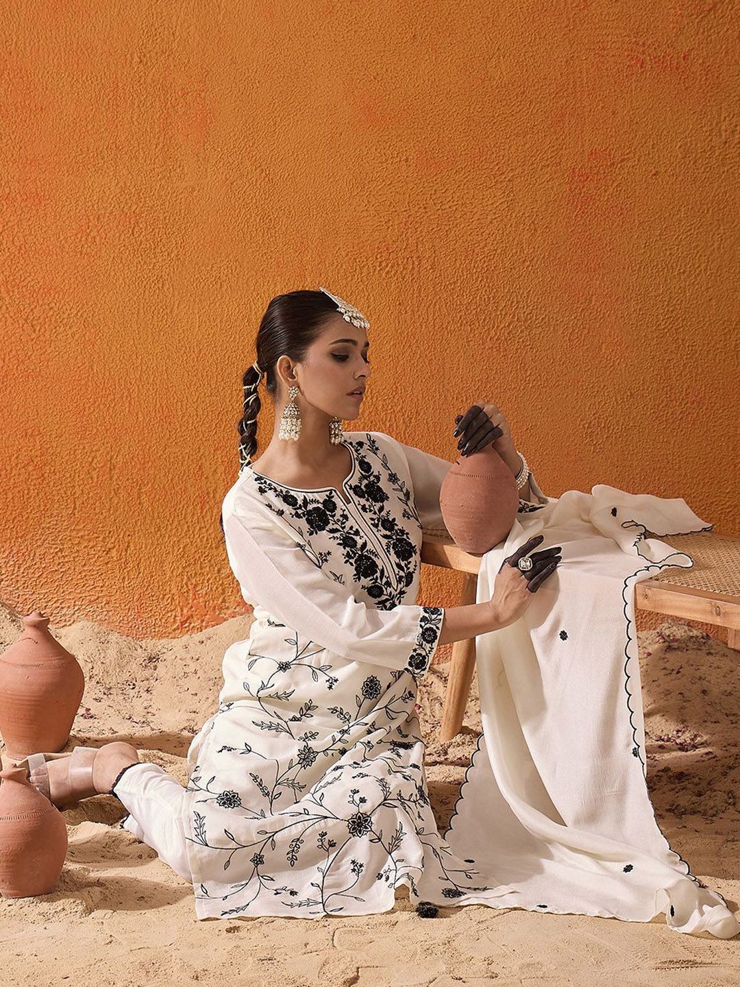 Indo Era Floral Embroidered Thread Work Straight Kurta With Trousers & Dupatta
