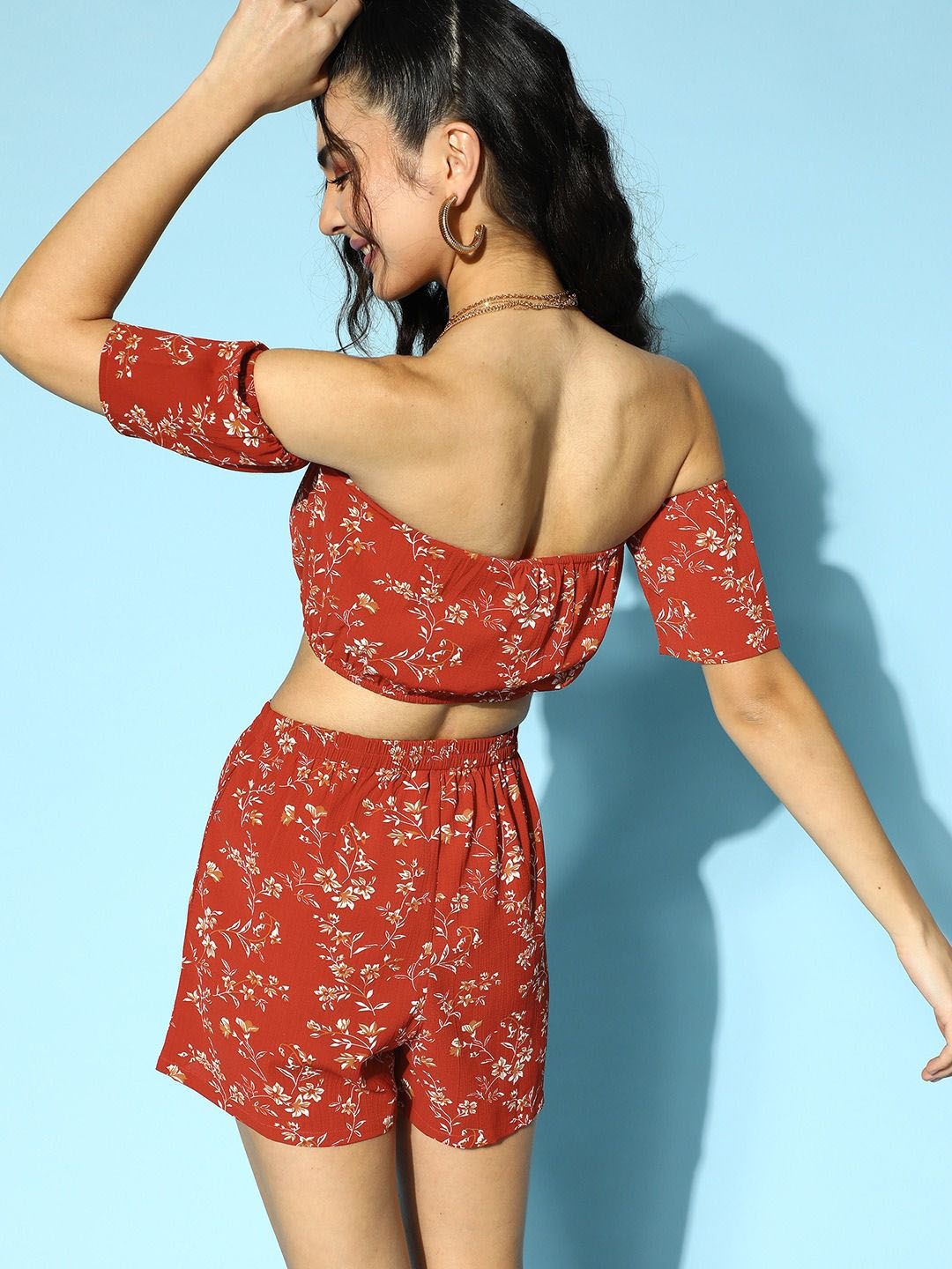 Berrylush Floral Printed Off Shoulder Crop Top With Shorts