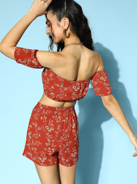 Berrylush Floral Printed Off Shoulder Crop Top With Shorts