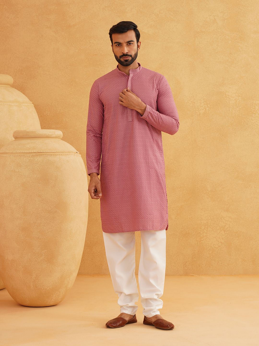 SOJANYA Kolar Mandarin Sulam Geometrik Pure Cotton Kurta Lurus