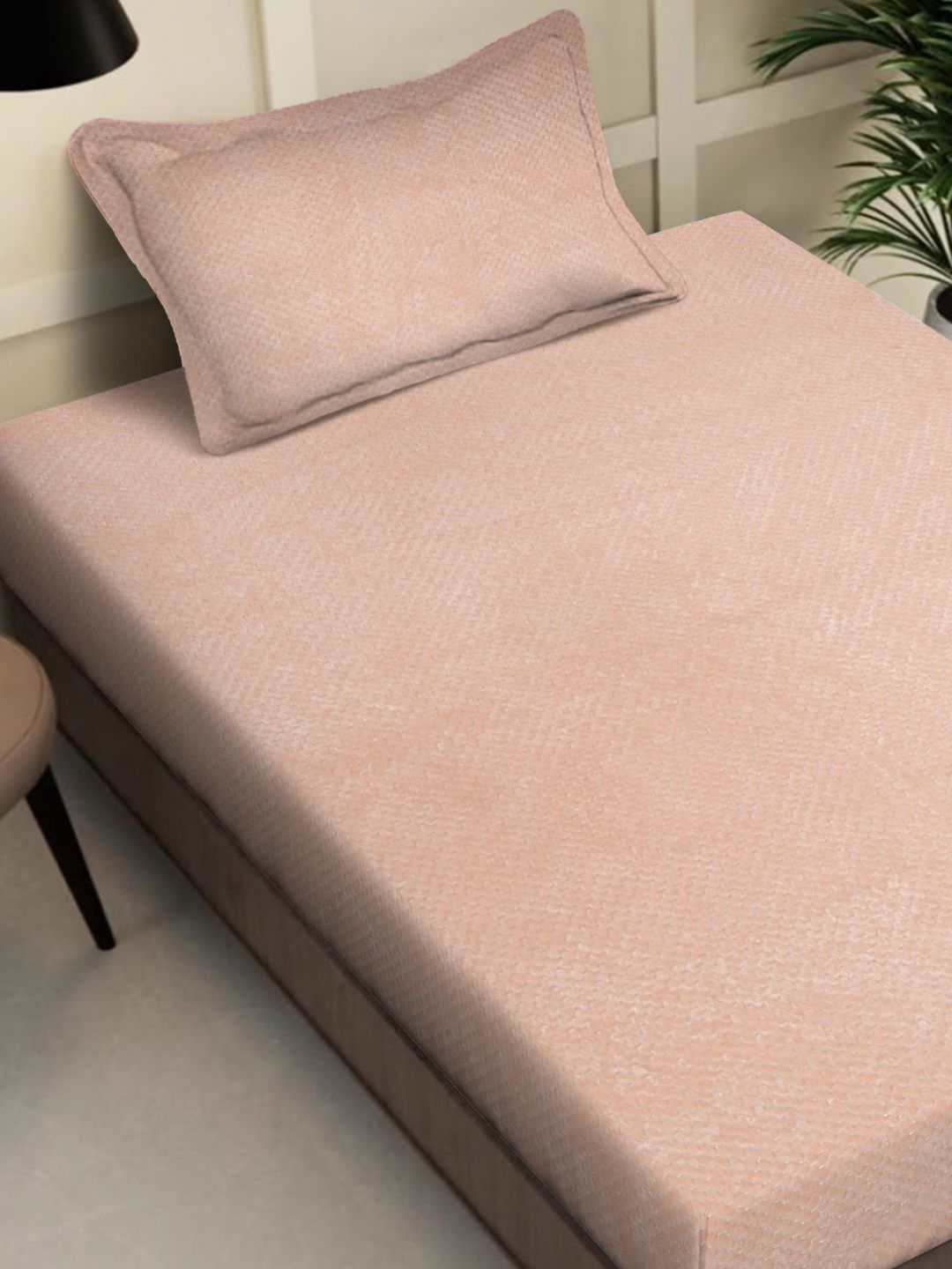 KLOTTHE Beige Abstract 300TC Woollen Single Bedsheet & 1 Pillow Cover