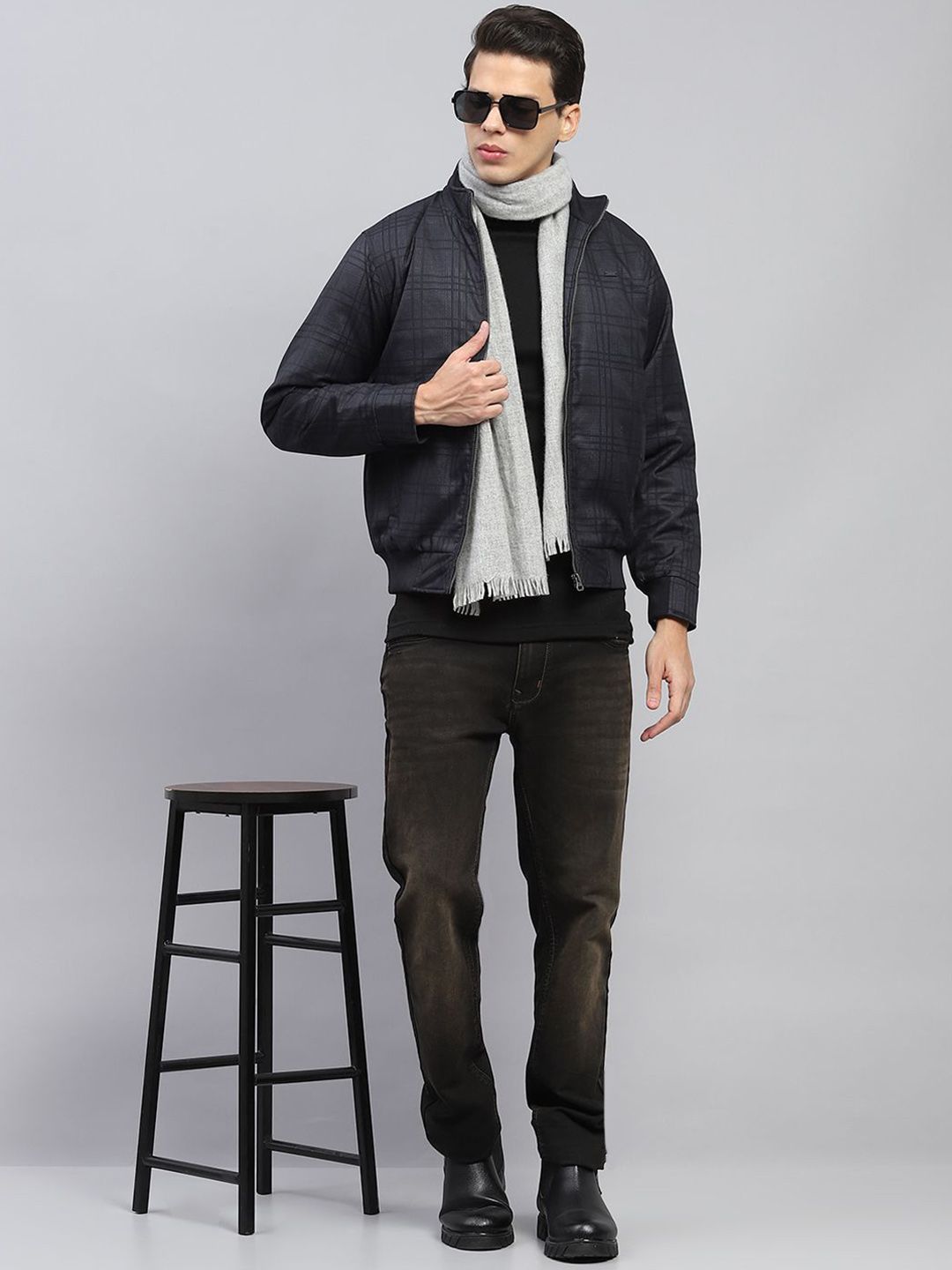 Monte Carlo Men Mock Collar Checked Casual Open Front Jacket