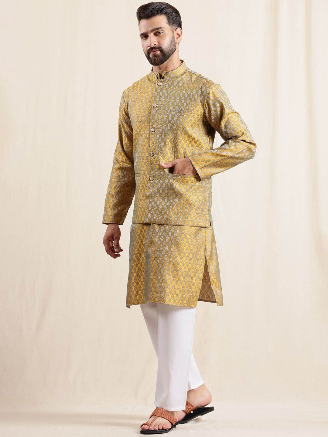 Anouk Men Ethnic Woven Design Band Collar Regular Kurta With Pyjamas
