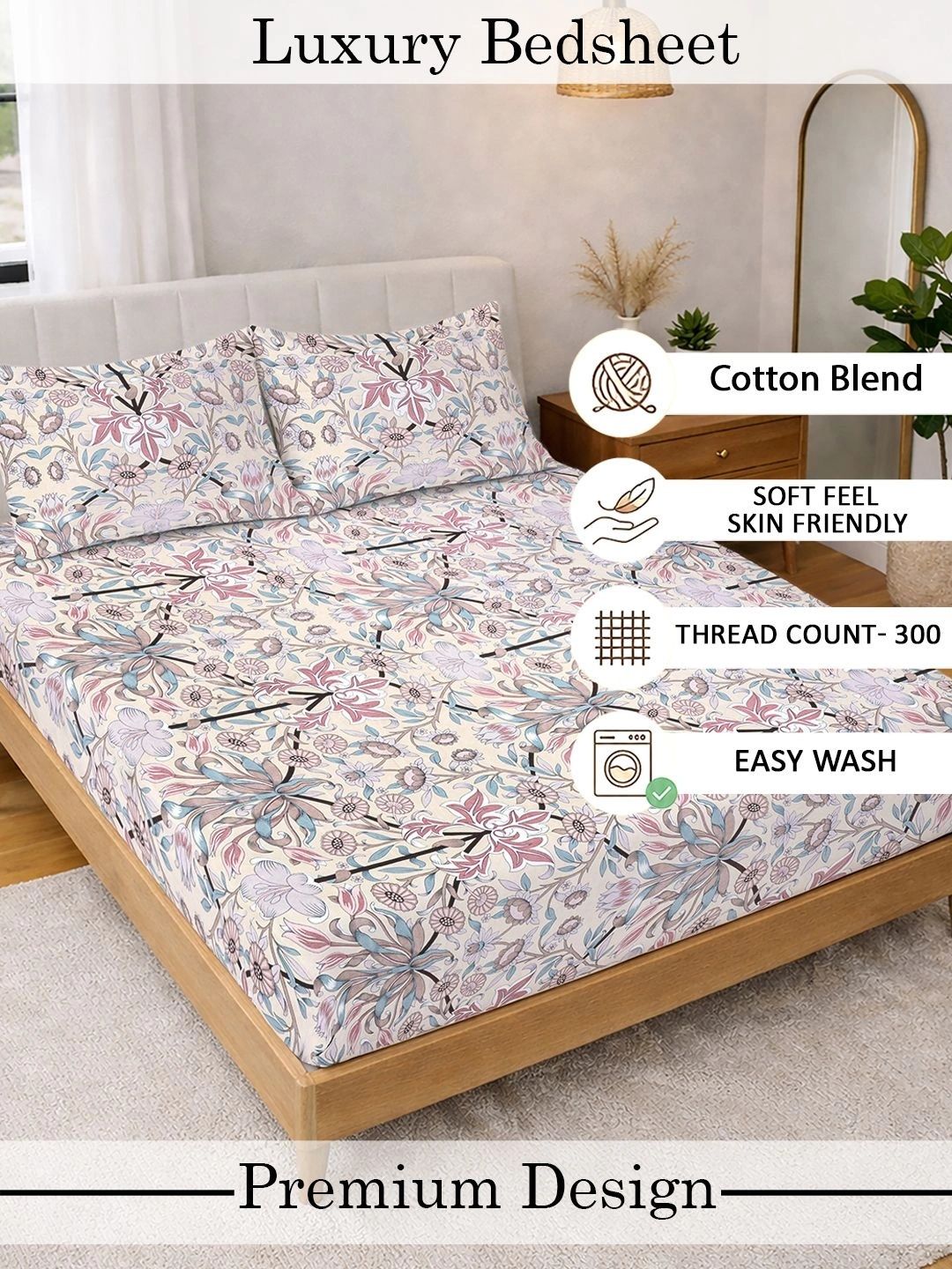 KLOTTHE Multi Floral  300 TC Super King Fine Bedsheets