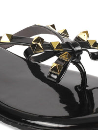 Metro Women Black Embellished T-Strap Flats