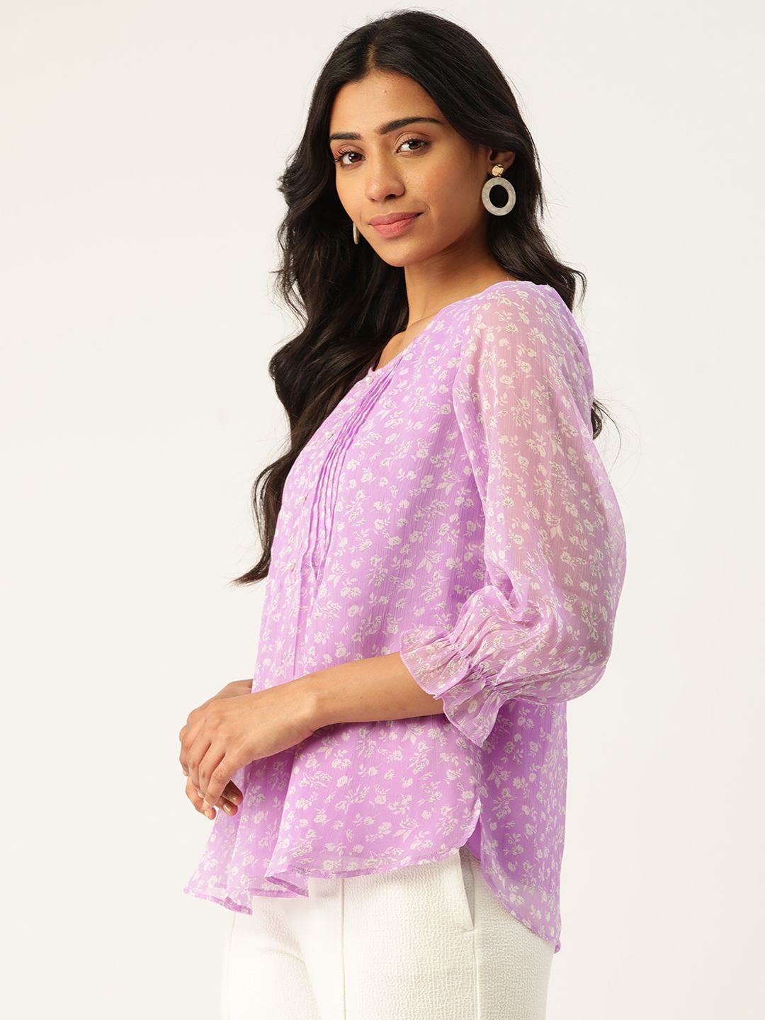 Antheaa Women Lavender & White Floral Print Top