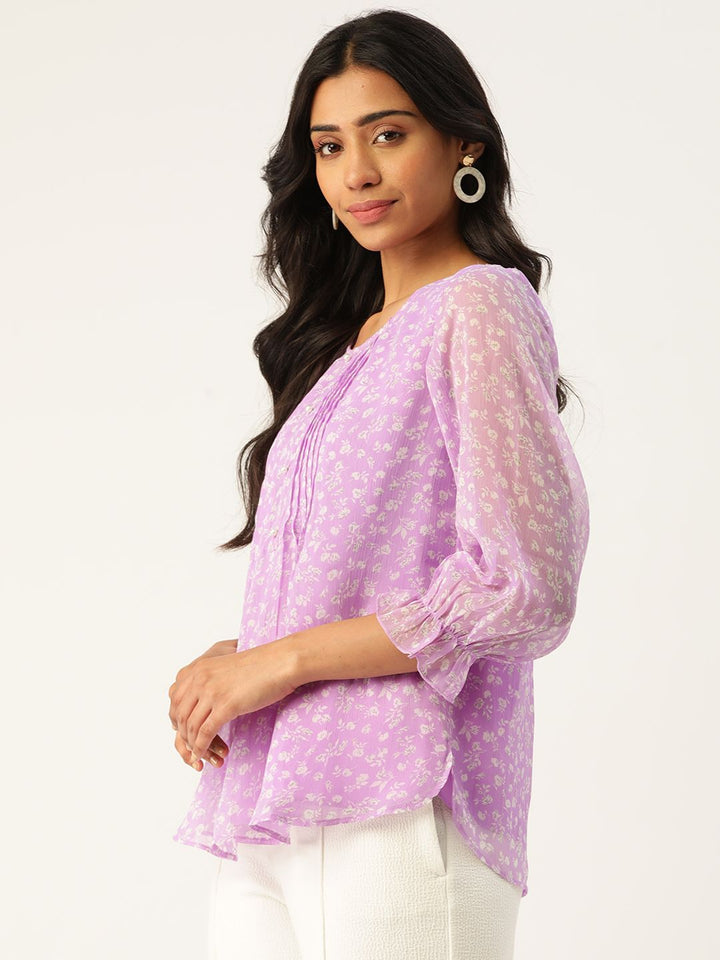 Antheaa Women Lavender & White Floral Print Top