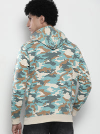 The Indian Garage Co Men Beige & Turquoise Blue Printed Hooded Sweatshirt