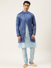 SOJANYA Men Blue Kurta with Churidar & Printed Jacket