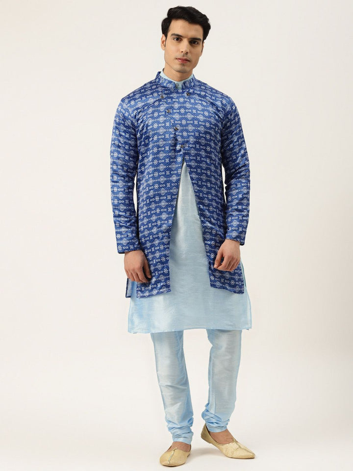 SOJANYA Men Blue Kurta with Churidar & Printed Jacket