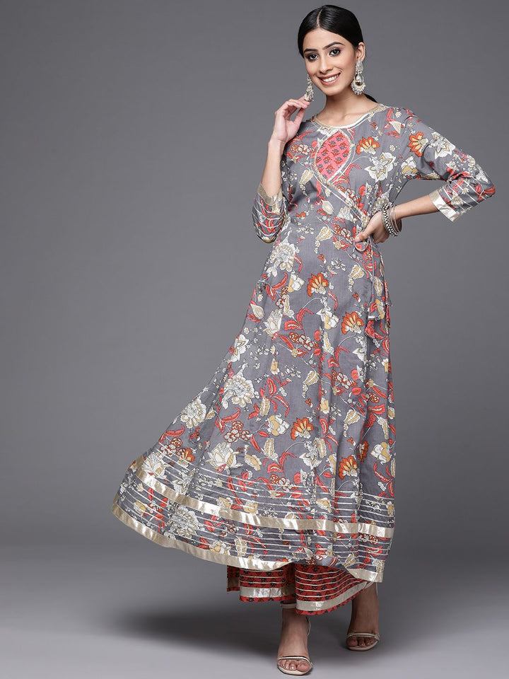 Varanga Women Grey & Pink Floral Print Angrakha Gotta Patti Pure Cotton Kurta with Sharara