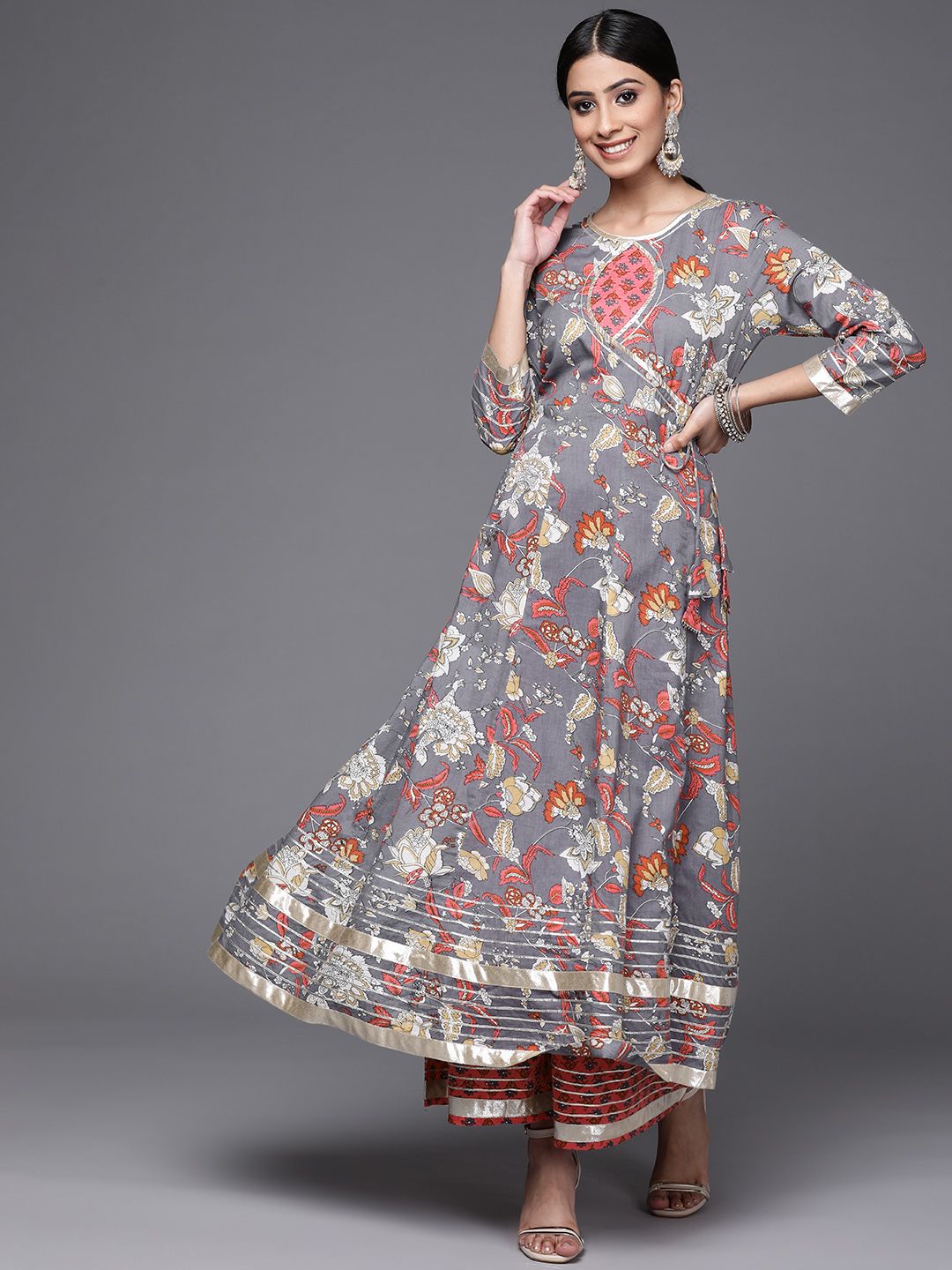 Varanga Women Grey & Pink Floral Print Angrakha Gotta Patti Pure Cotton Kurta with Sharara