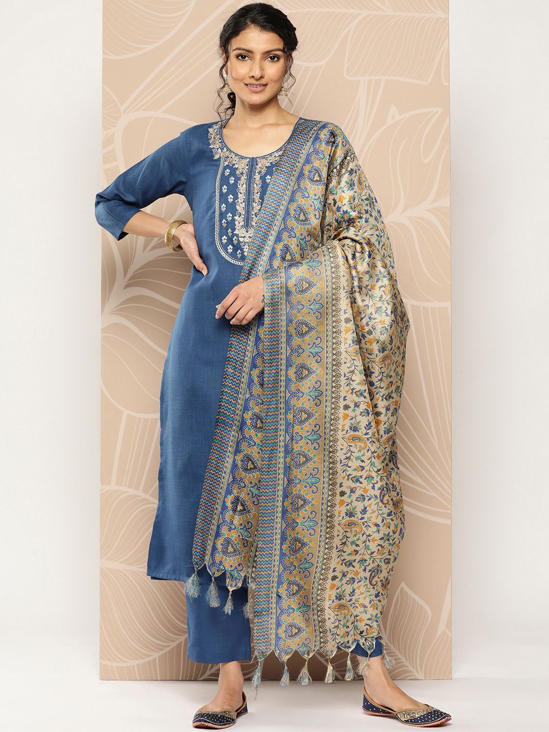 Varanga Blue Yoke Embroidered Kurta with Trouser and Dupatta