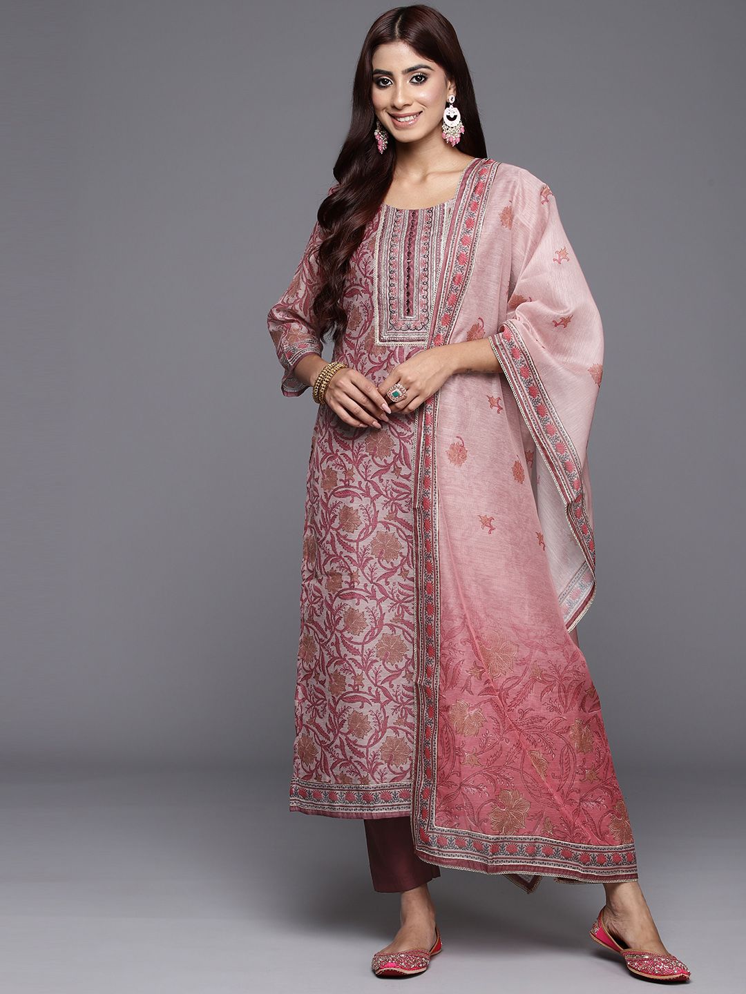 Libas Floral Yoke Design Regular Mirror Work Kurta With Trousers & With Dupatta
