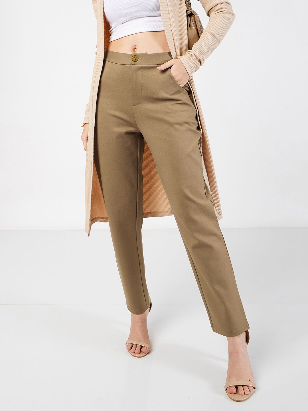 SASSAFRAS Women Beige Mid-Rise Slim Fit Trousers