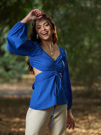 SASSAFRAS Cuffed Sleeves Tie-up Ruched Styled Back Top