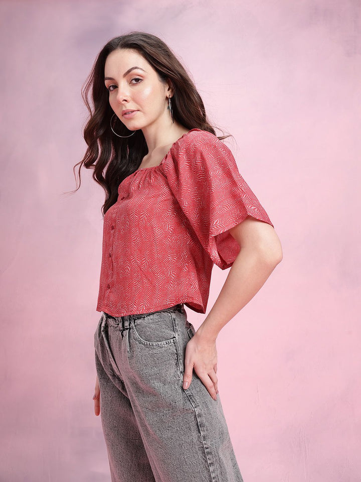 DressBerry Abstract Print Puff Sleeves Square Neck Button-Up Top