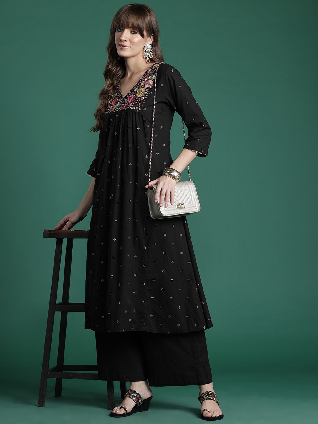 Indo Era Floral Embroidered Empire Thread Work Pure Cotton Kurta with Palazzos