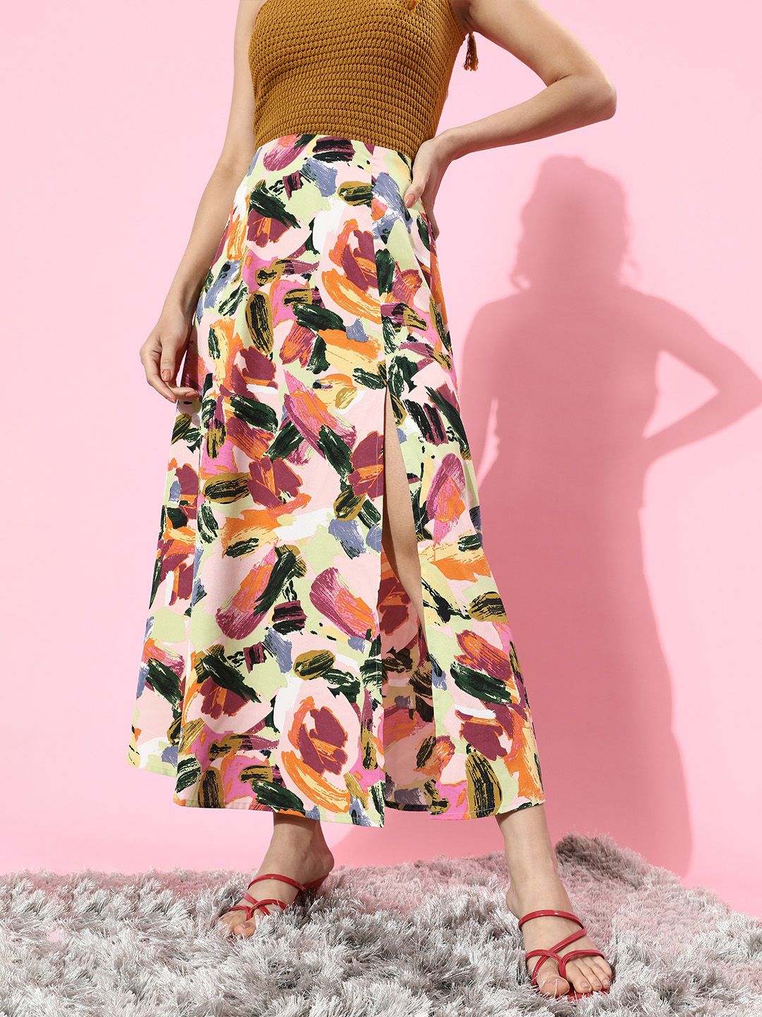 Berrylush Women Pretty Pink Abstract Crepe Skirt