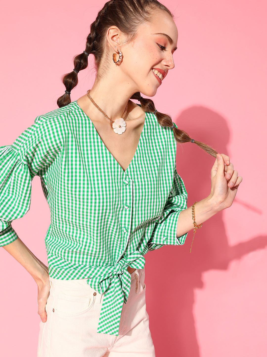 Antheaa Women Gorgeous Green Checked Summer Gingham Top