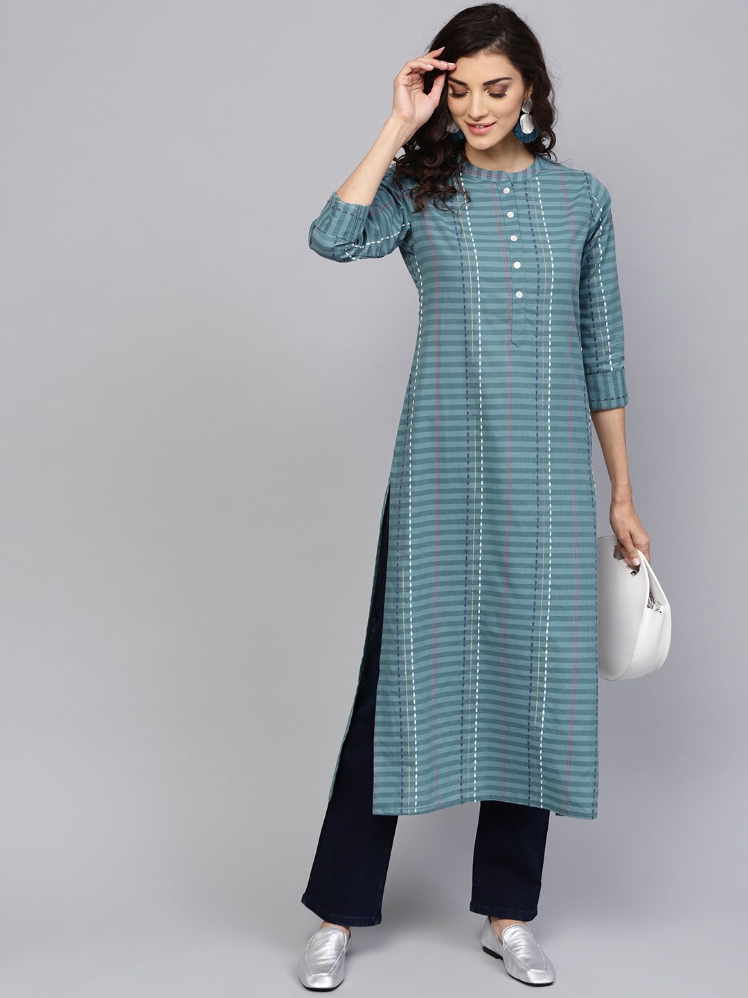 Libas Women Grey Striped Straight Kurta