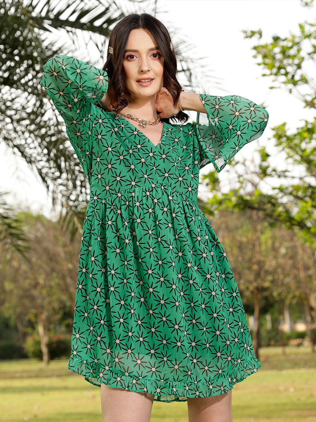 STREET 9 Green & Black Floral Printed A-Line Dress