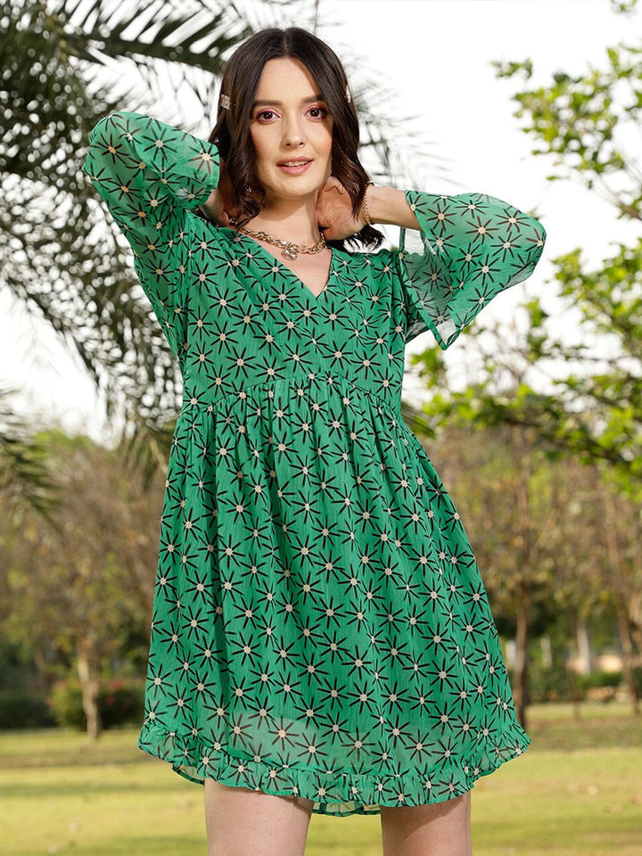 STREET 9 Green & Black Floral Printed A-Line Dress