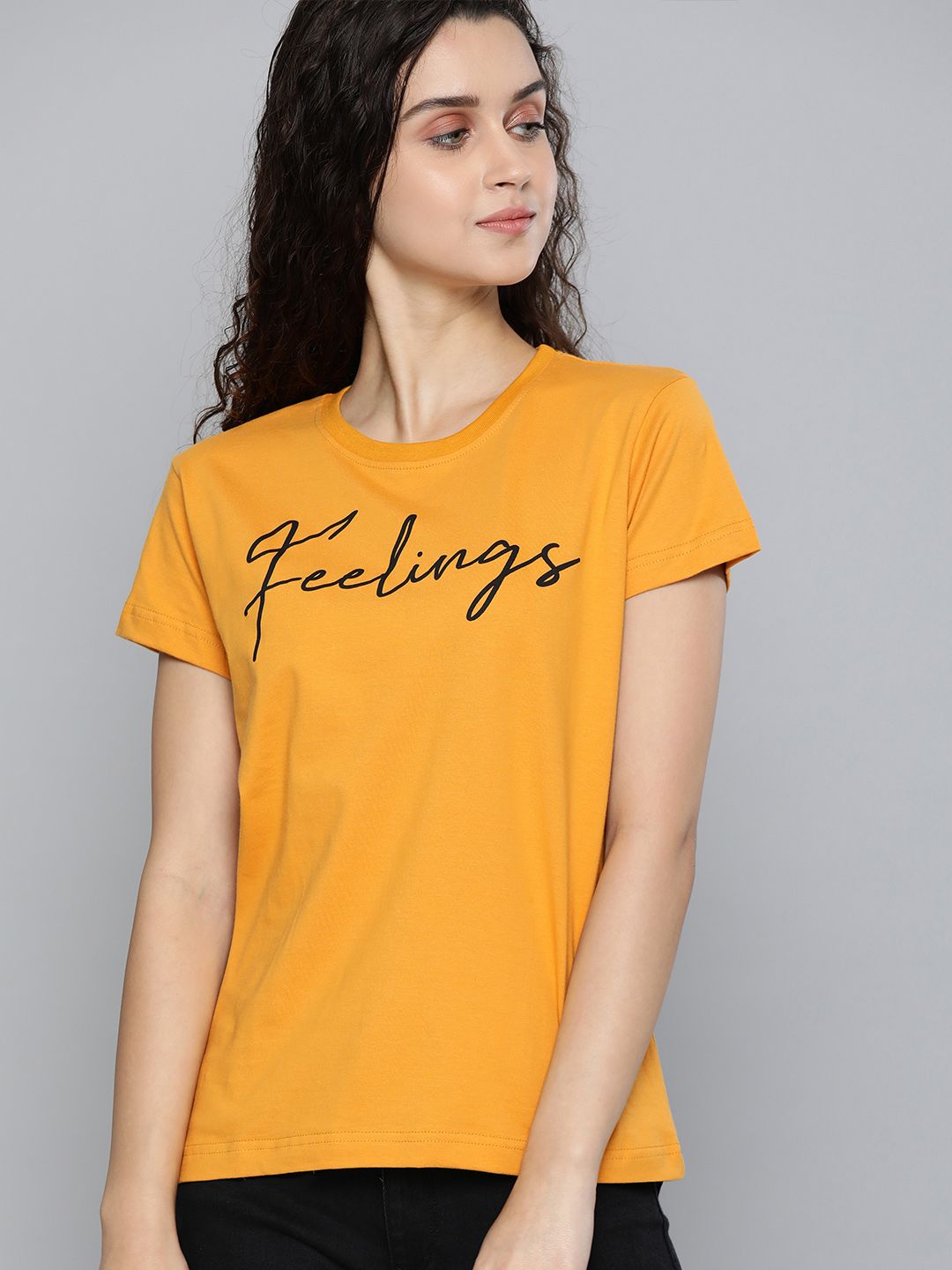 DILLINGER Women Mustard Yellow Printed Round Neck Regular Fit Pure Cotton T-shirt