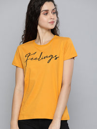 DILLINGER Women Mustard Yellow Printed Round Neck Regular Fit Pure Cotton T-shirt