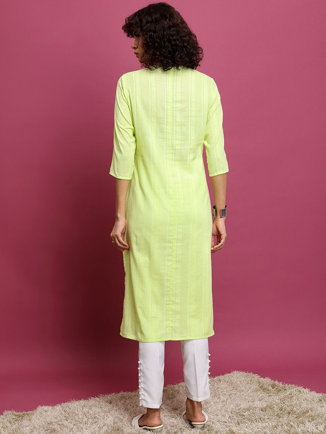 Vishudh Lime Green Striped Mandarin Collar Pure Cotton Kurta