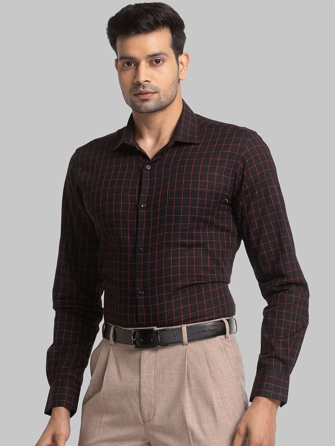 Park Avenue Slim Fit Windowpane Checked Cotton Linen Formal Shirt