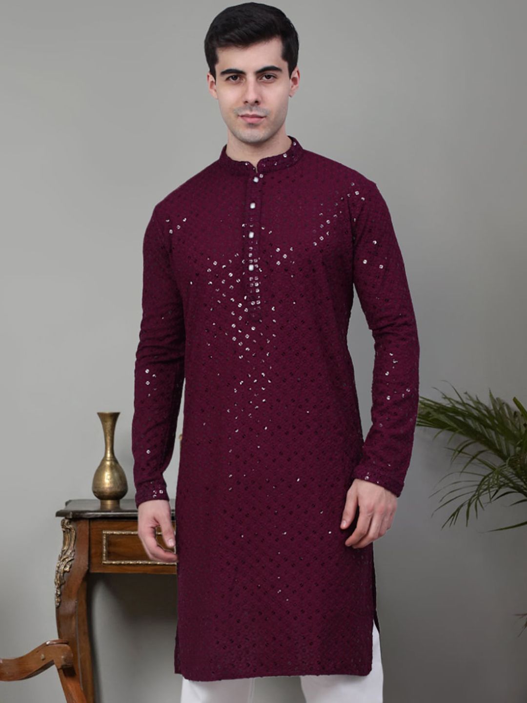 Jompers Embroidered Mandarin Collar Pure Cotton Chikankari Kurta