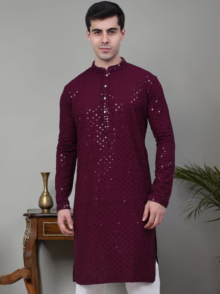 Jompers Embroidered Mandarin Collar Pure Cotton Chikankari Kurta