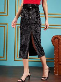 SASSAFRAS Velvet Front Button Pencil Midi Skirt