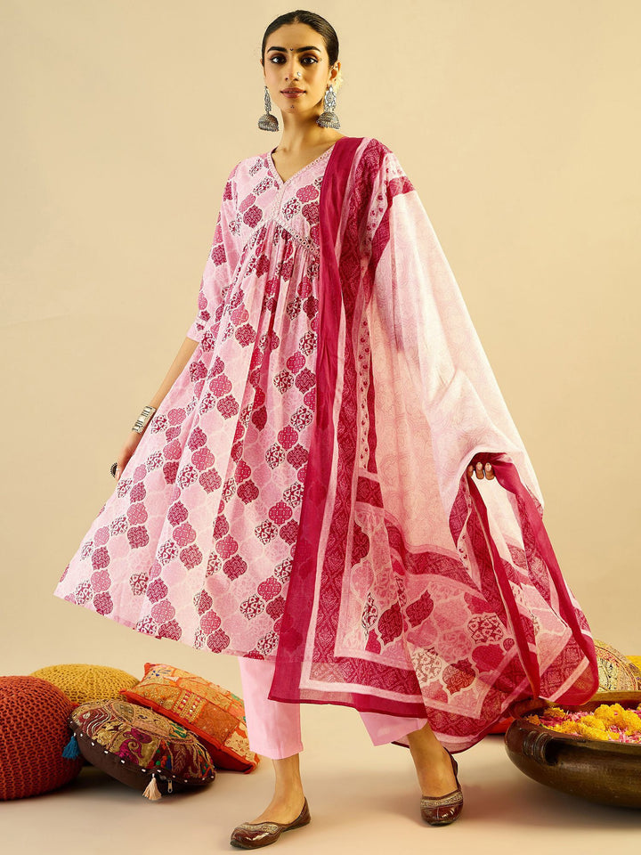 Indo Era Ethnic Motifs Printed Mirror Work Pure Cotton Kurta with Trouser And Dupatta