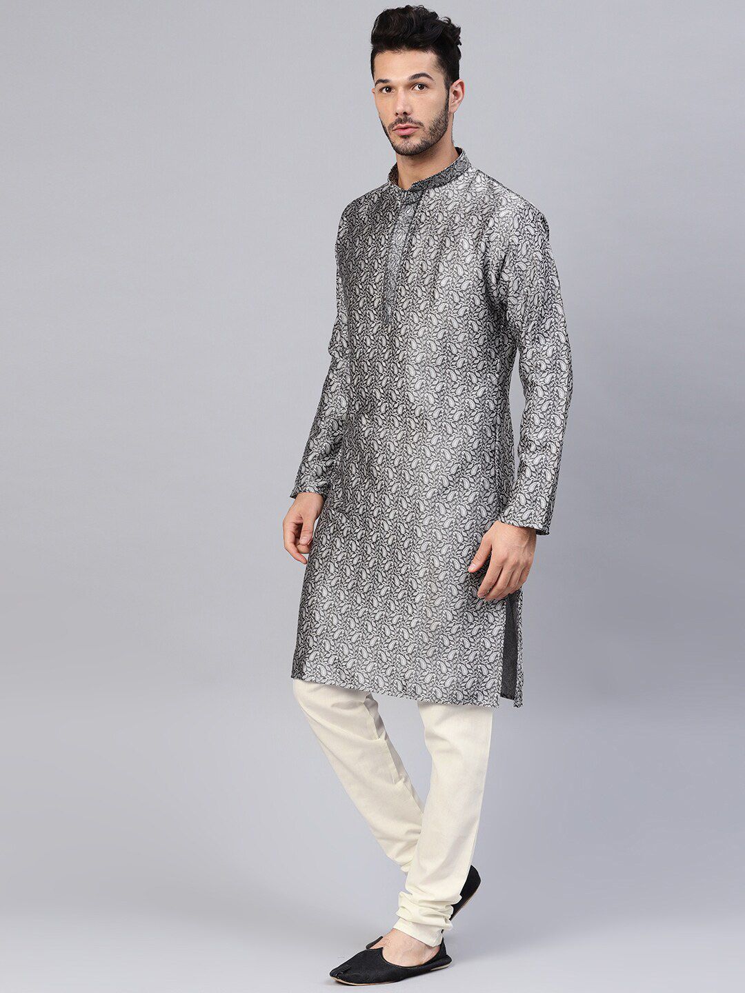 SOJANYA Woven Design Mandarin Collar Silk Cotton Kurta