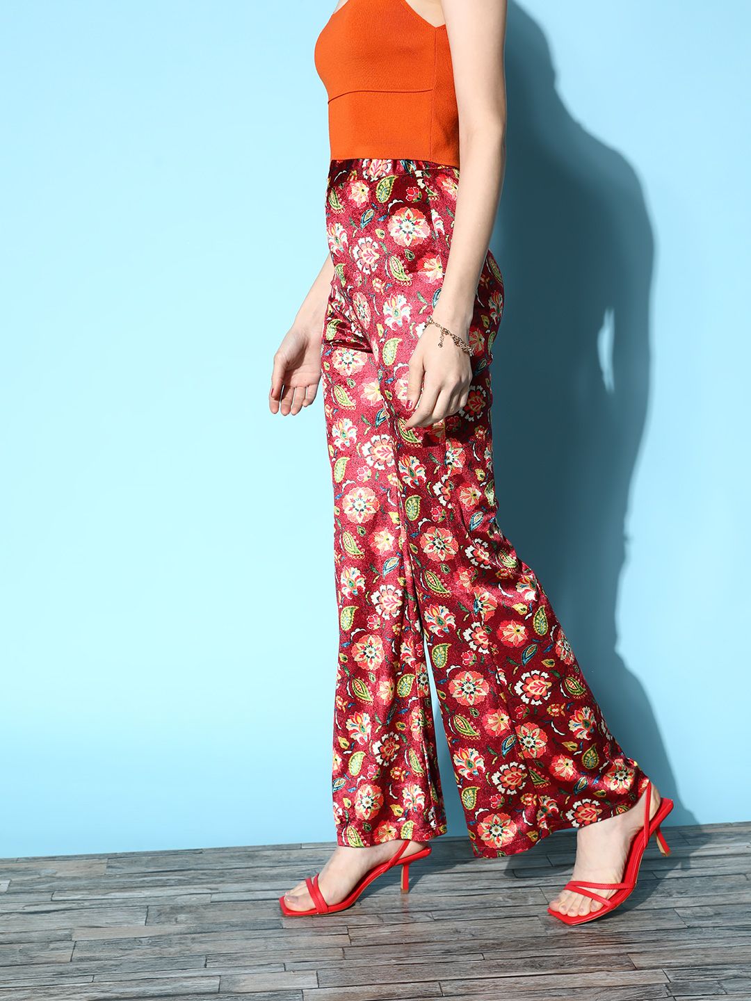 SASSAFRAS Women Lovely Maroon Floral Velvet Trousers