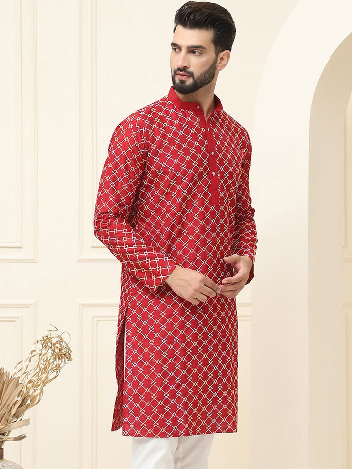 SOJANYA Geometrik Sulam Benang Kerja Sutera Cotton Kurta