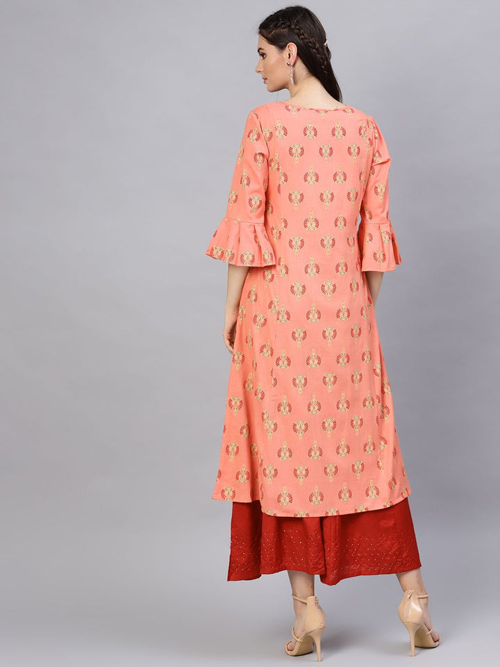 SOJANYA Kurta A-Line Bercetak Oren & Merah