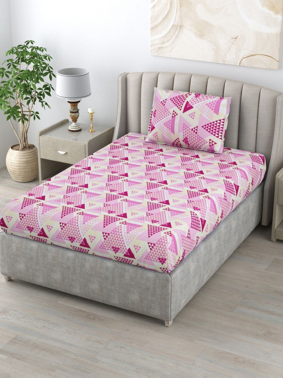 BOMBAY DYEING Epigram Pink Geometric Pure Cotton 120TC Single Bedsheet Set 1.50 m X 2.74 m