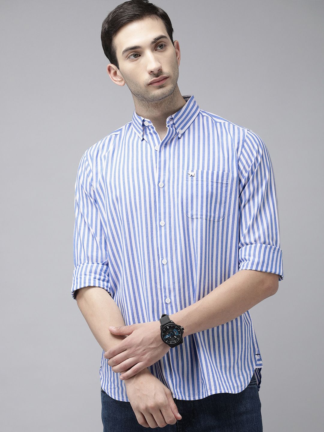 THE BEAR HOUSE Men Blue Slim Fit Bengal Stripes Casual Shirt