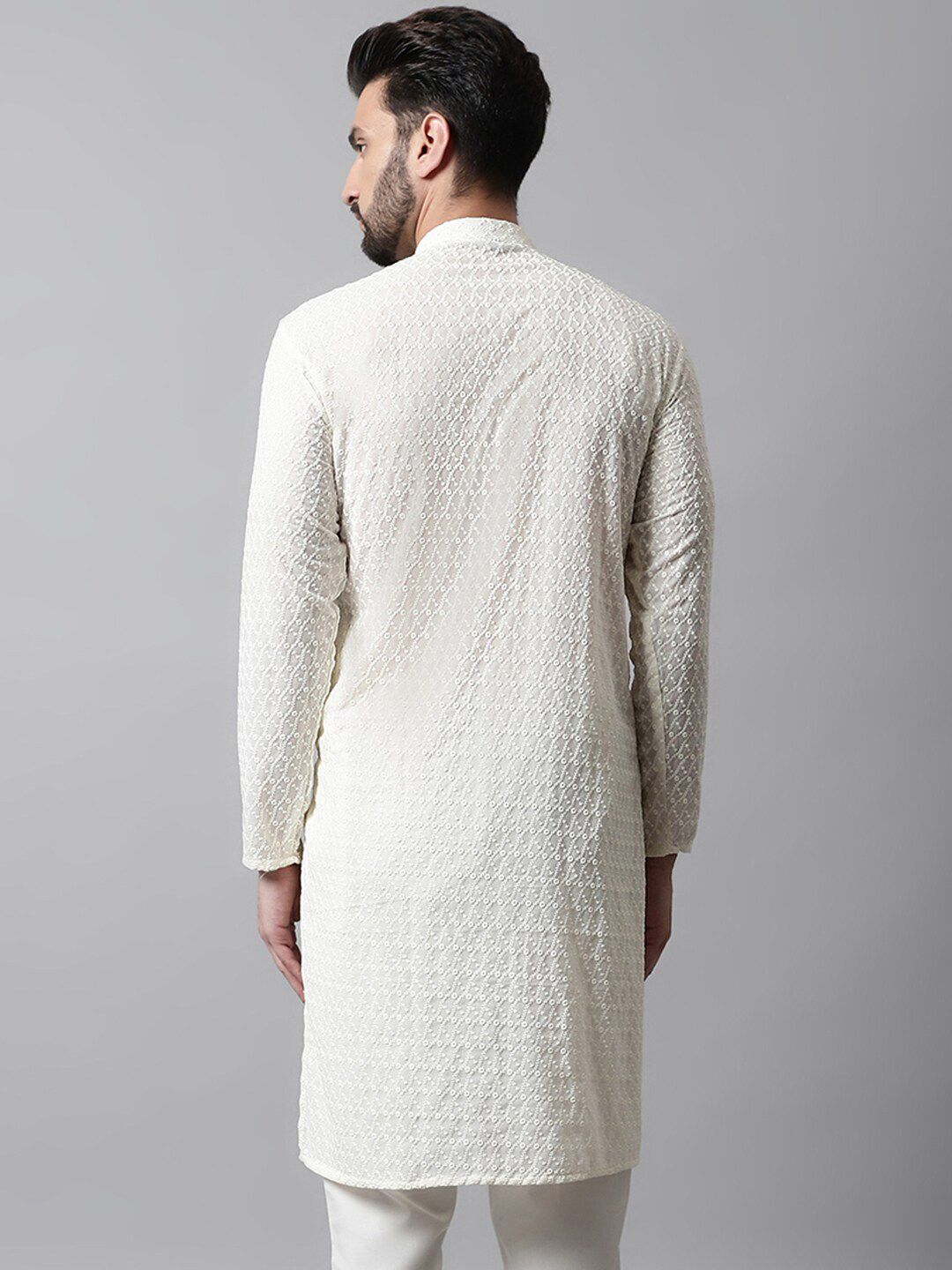 Jompers Men Cream-Coloured Geometric Thread Work Kurta