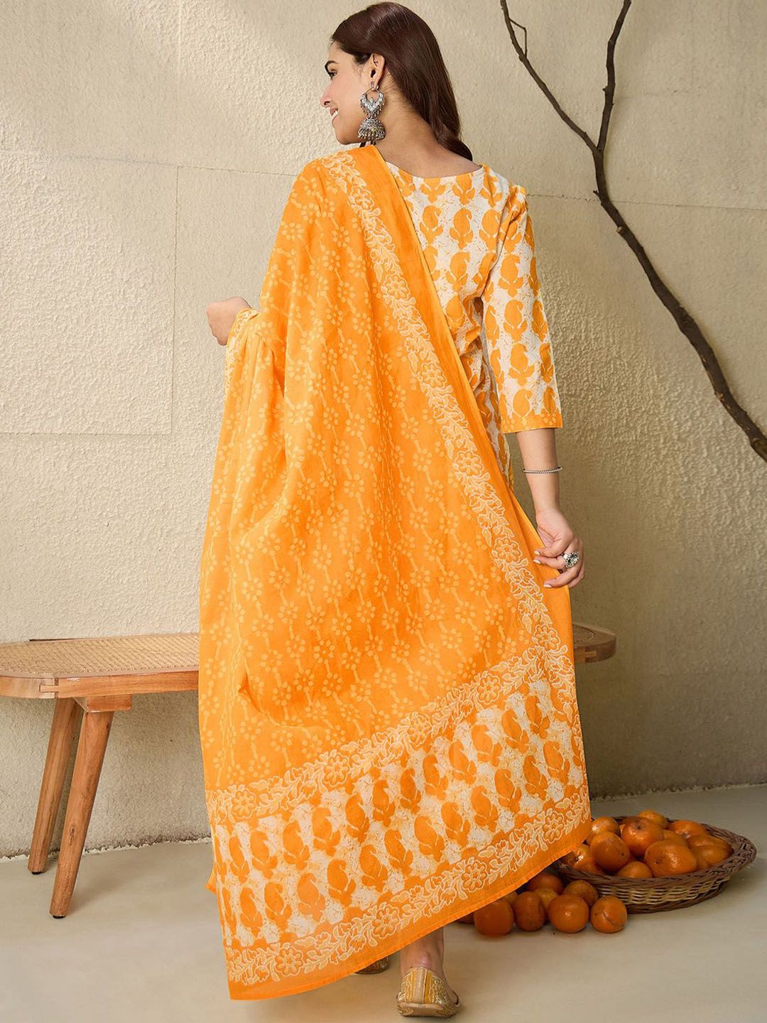 Indo Era Paisley Printed V-Neck Pure Cotton Straight Kurta With Trousers And Dupatta