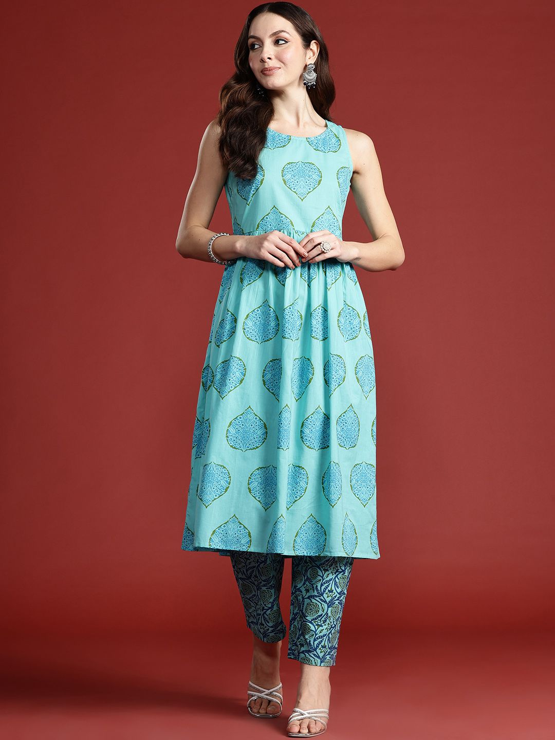 Indo Era Floral Printed Pure Cotton Kurta with Trousers