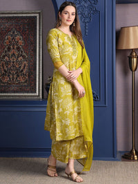 Kalini Floral Printed Notch Mirror Work Kurta Lurus Dengan Palazzo & Dupatta