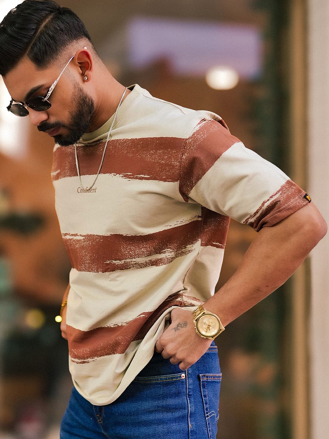 Maniac Men Striped Round Neck Cotton Oversized T-shirt