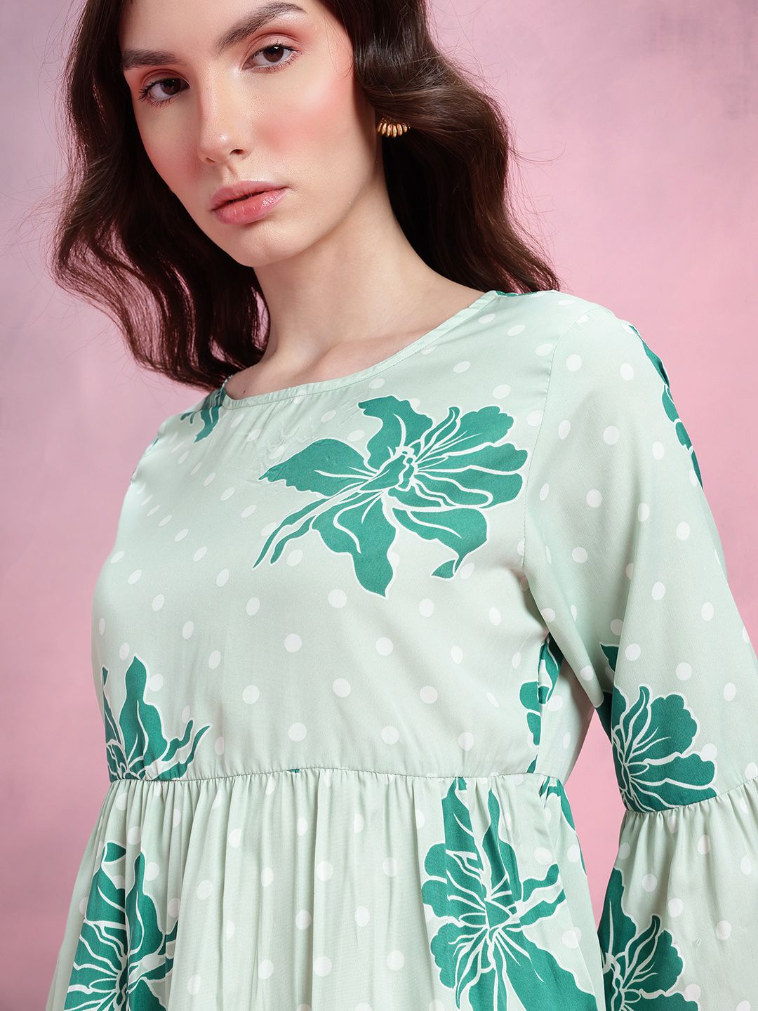 DressBerry Floral Print Gathered Detail Bell Sleeves Peplum Top