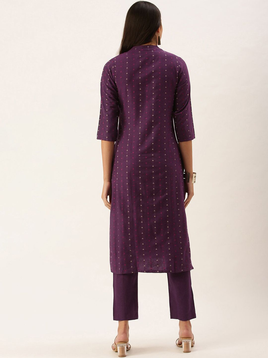 KALINI Striped Woven Design Mandarin Collar Kurta With Trousers