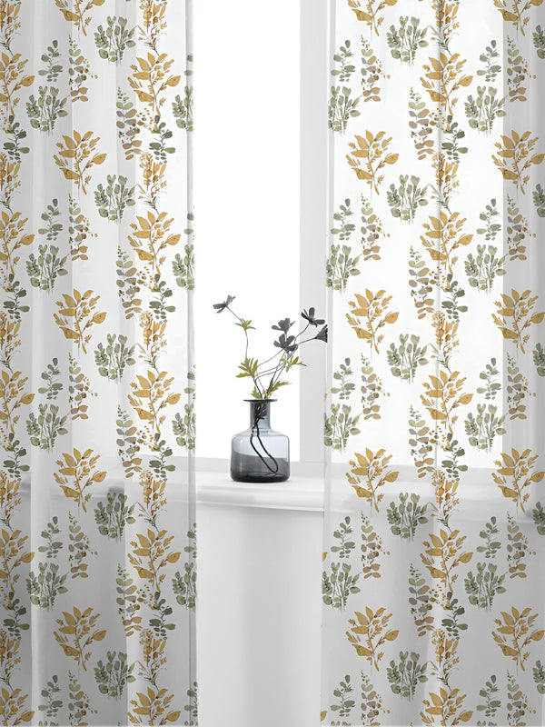 URBAN SPACE White & Green 2 Pieces Floral Printed Sheer Window Curtains